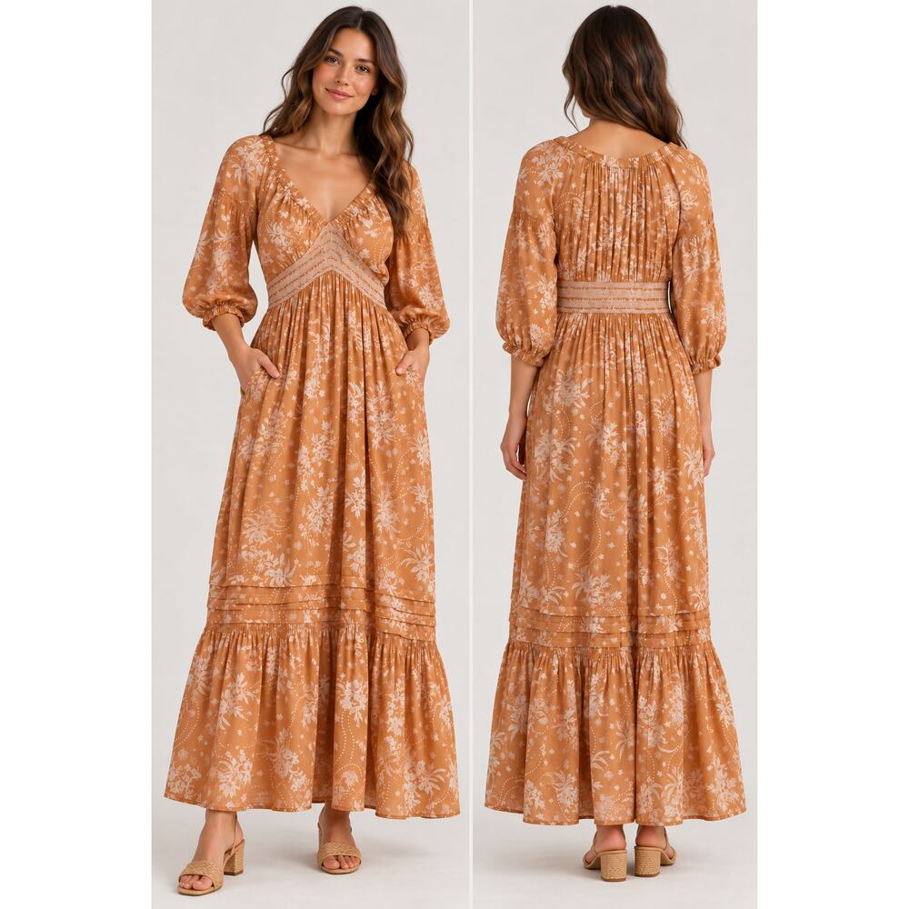 Free People Golden Hour Maxi Dress S Orange Floral Smocked Cotton